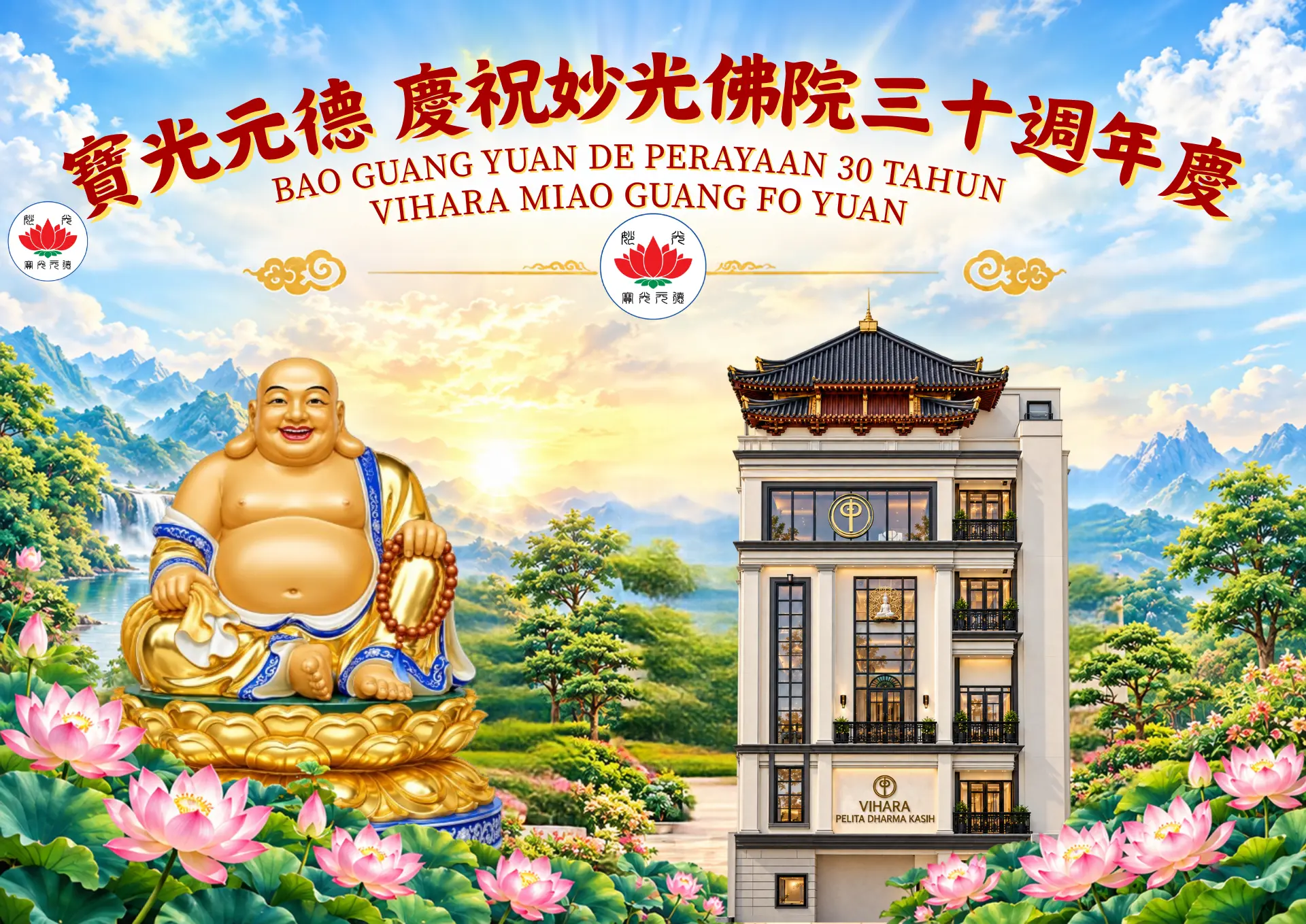 Ilustrasi perayaan 30 tahun Vihara Miao Guang Fo Yuan dengan patung Buddha, gedung vihara, teratai, dan lanskap pegunungan